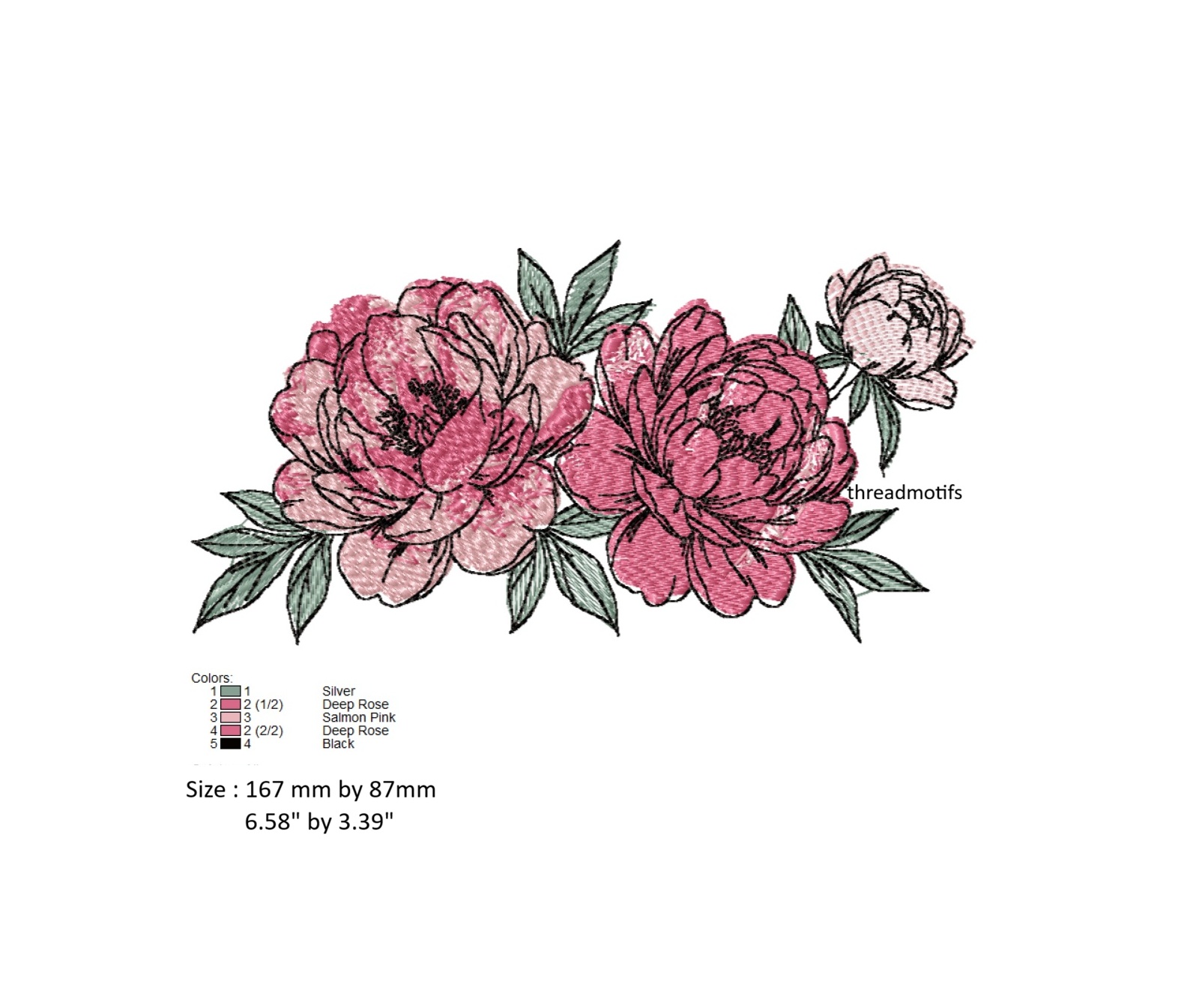 Design details colors and size of peony embroidery design