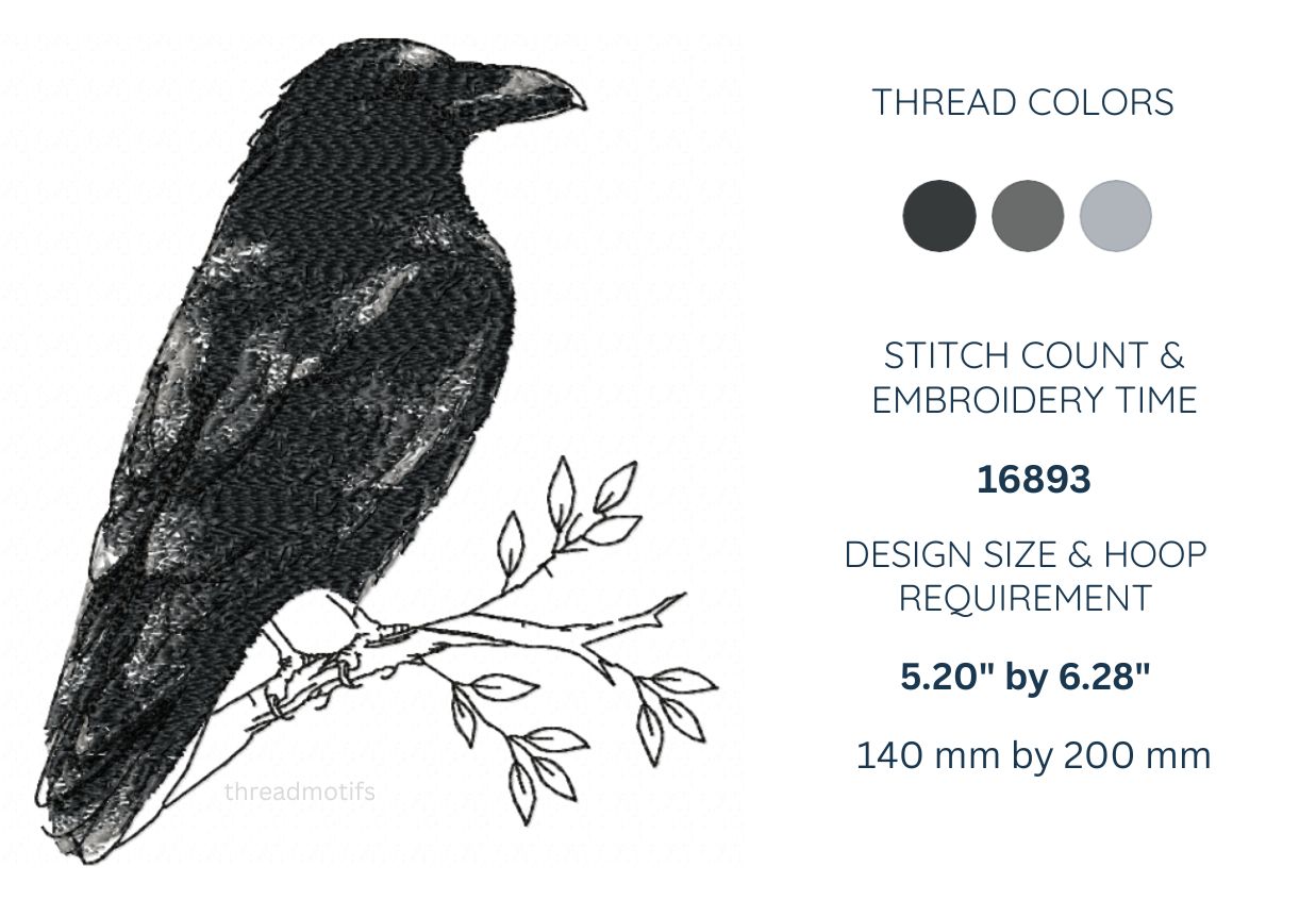 Pensive Crow Machine Embroidery Design for 5x7 Hoop | PES DST JEF Digital files