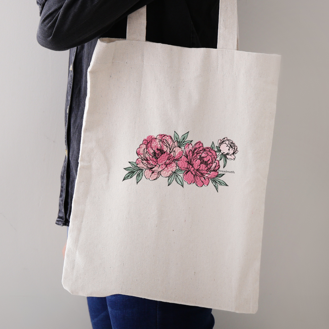 tote bag embroidered with peony flowers embroidery design
